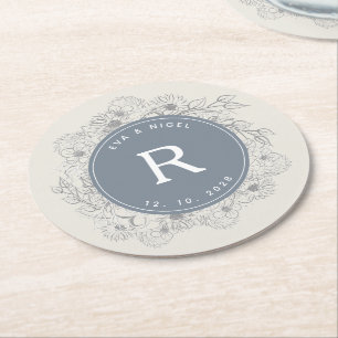 Dessous De Verre Rond Mariage au Monogramme Bleu Poussiéreux