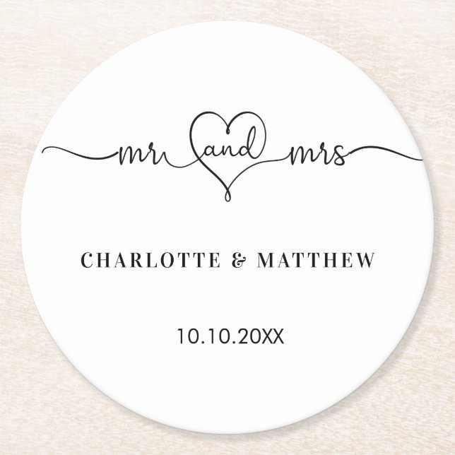Dessous De Verre Rond Mariage blanc m. mme heart script (Devant)