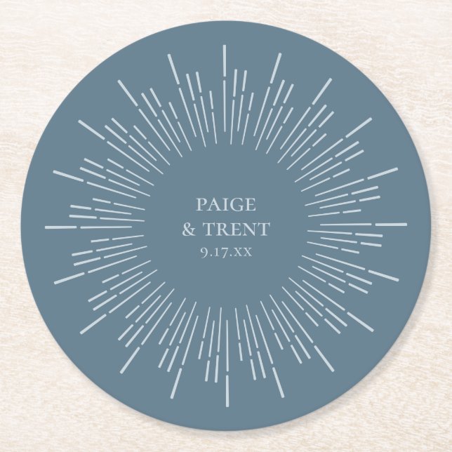 Dessous De Verre Rond Mariage Blue Sunburst moderne (Devant)