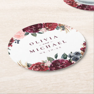 Dessous De Verre Rond mariage boho rustique bordeaux aquarelle