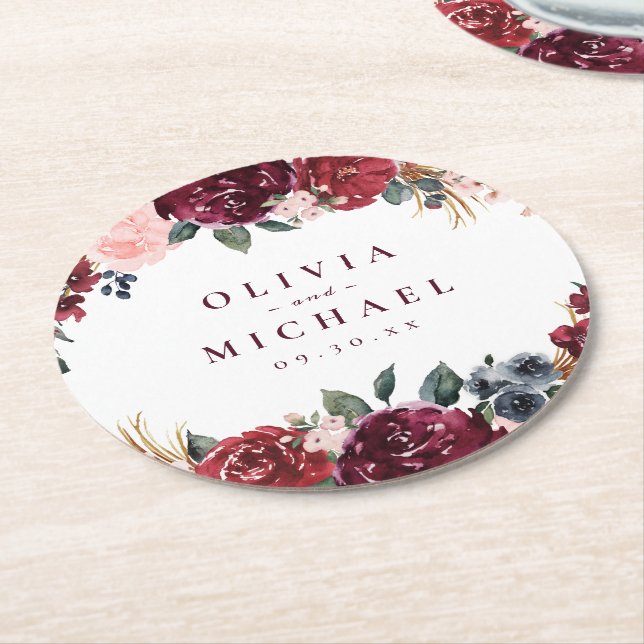 Dessous De Verre Rond Mariage boho rustique bordeaux aquarelle (Incliné)