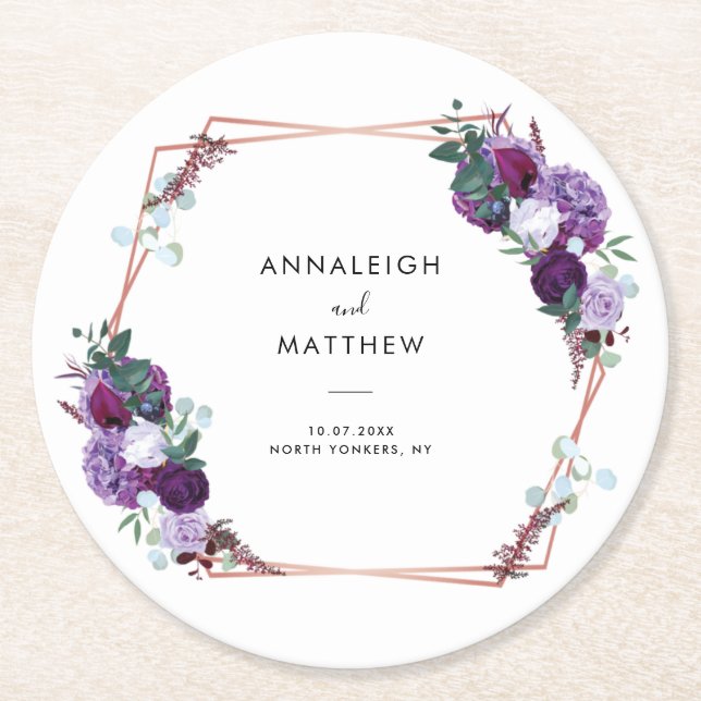 Dessous De Verre Rond Mariage botanique fleuri pourpre favorise (Devant)