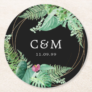 Dessous De Verre Rond Mariage botanique tropical Monogramme et date
