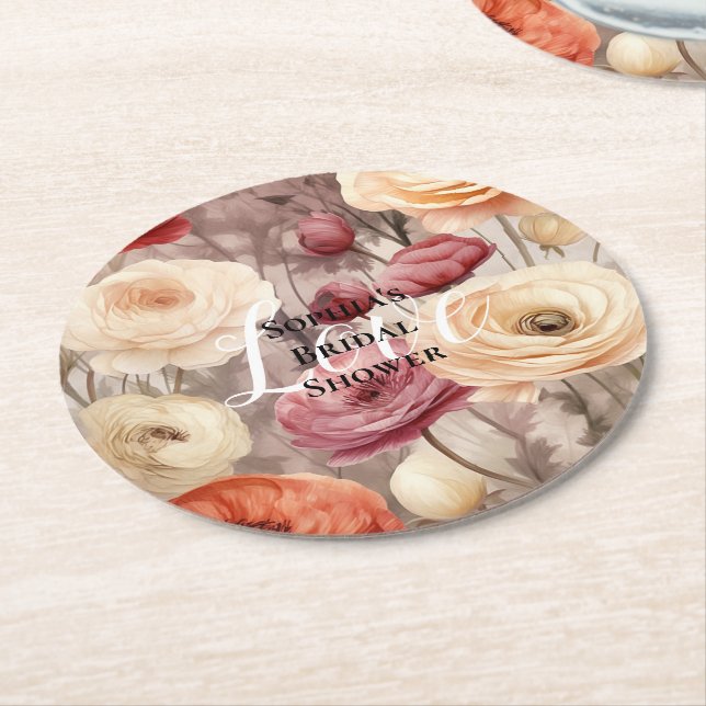 Dessous De Verre Rond Mariage Burgundy Crème Fleurs de Printemps (Incliné)