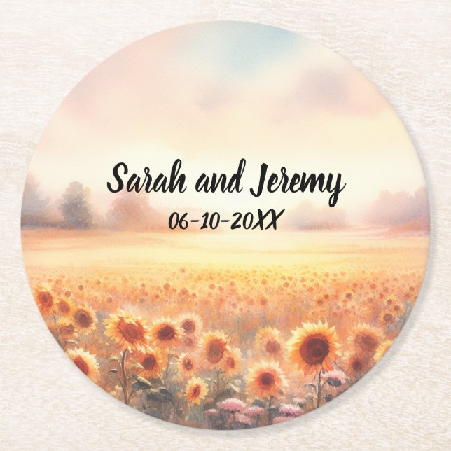 Dessous De Verre Rond Mariage campagnard d'aquarelle rustique Boho Sunfl (Devant)