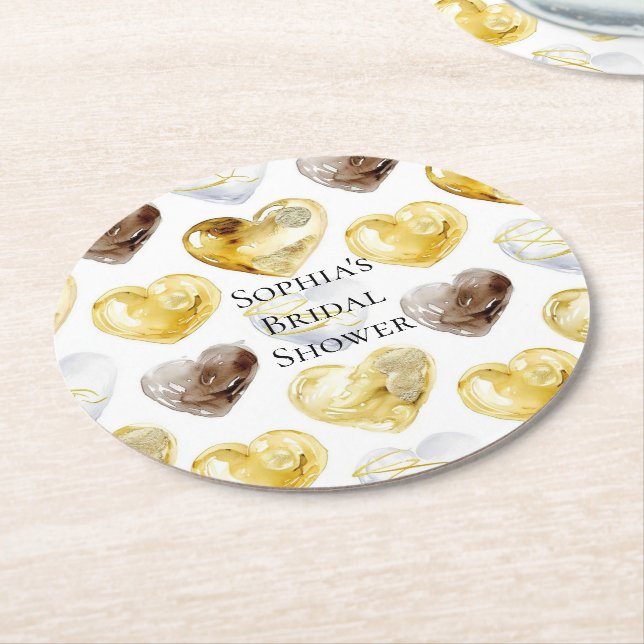 Dessous De Verre Rond Mariage Cœur Blanc Or Chocolat (Incliné)