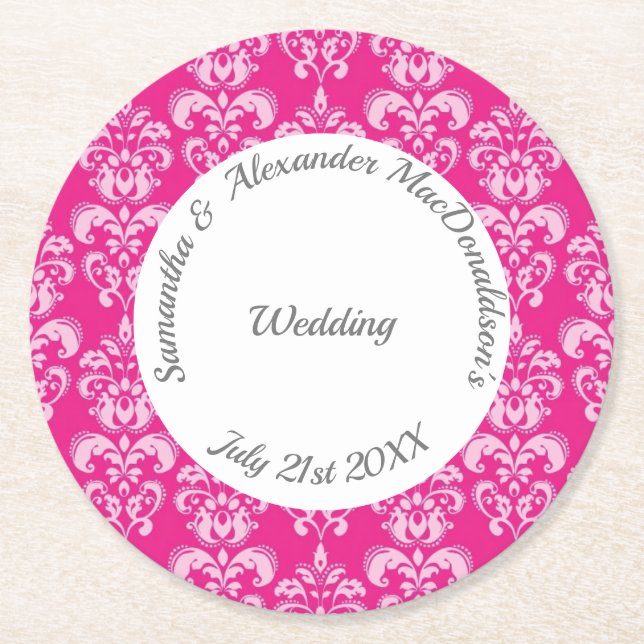 Dessous De Verre Rond Mariage damassé rose chaud (Devant)