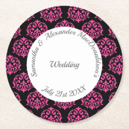 Dessous De Verre Rond Mariage damassé rose et noir Fuchsia
