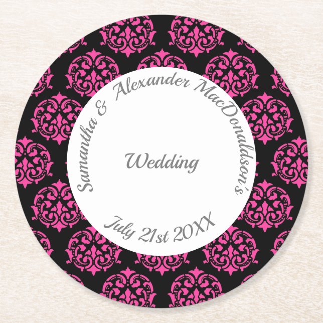 Dessous De Verre Rond Mariage damassé rose et noir Fuchsia (Devant)