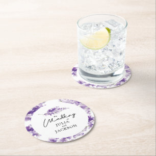 Dessous De Verre Rond Mariage d'aquarelle Lavande personnalisée Élégant