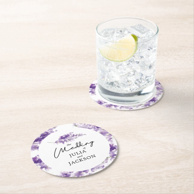 Dessous De Verre Rond Mariage d'aquarelle Lavande personnalisée Élégant (En situation)