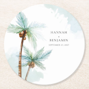 Dessous De Verre Rond Mariage d'aquarelle Tropical Beach Palm Tree