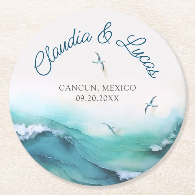 Dessous De Verre Rond Mariage de Beach Ocean Waves (Devant)