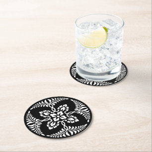 Dessous De Verre Rond Mariage de design ornemental Vintage noir et blanc