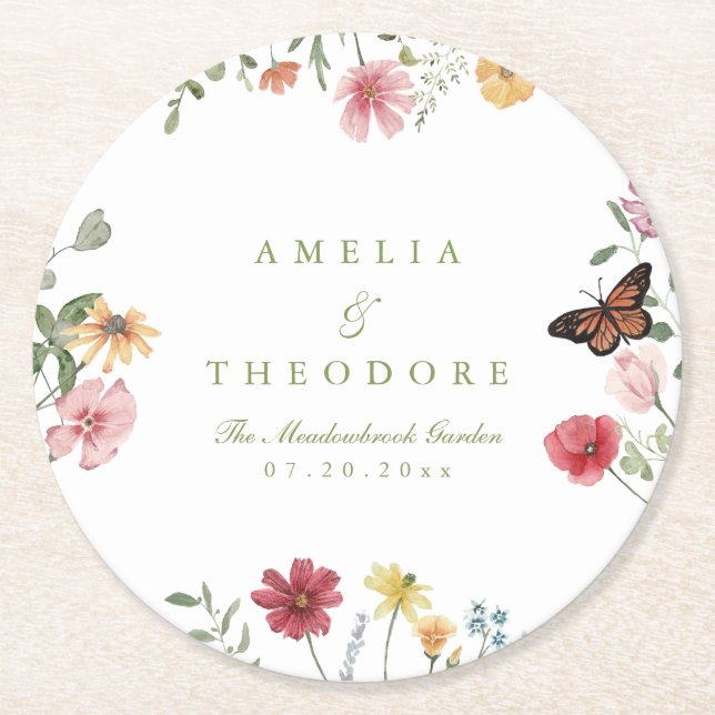 Dessous De Verre Rond Mariage de Jardin de Fleurs Sauvages (Devant)