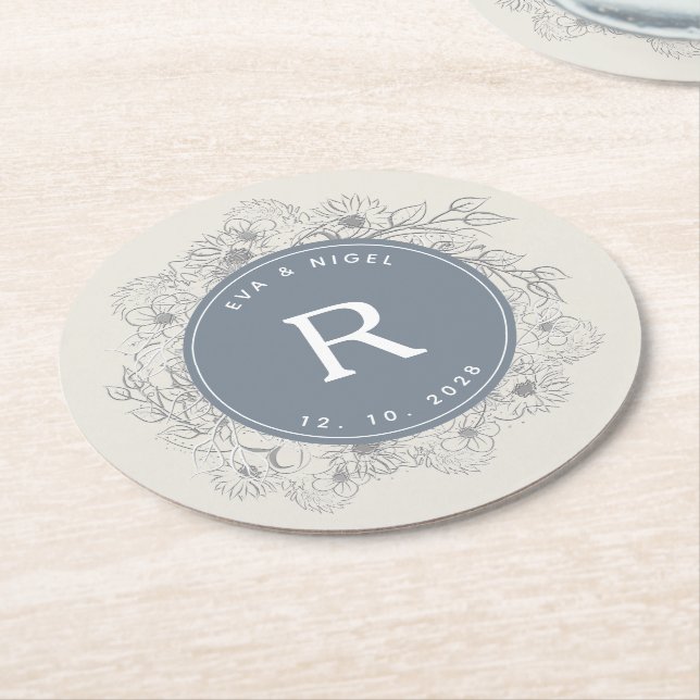 Dessous De Verre Rond Mariage de monogramme bleu foncé (Incliné)