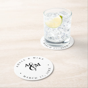 Dessous De Verre Rond Mariage de monogramme noir et blanc moderne