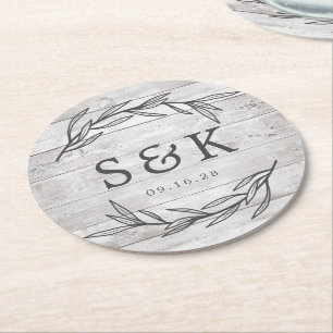 Dessous De Verre Rond Mariage de monogramme Rustique Laurel Leaf