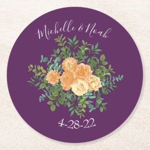 Dessous De Verre Rond Mariage de pêche violet Roses floraux