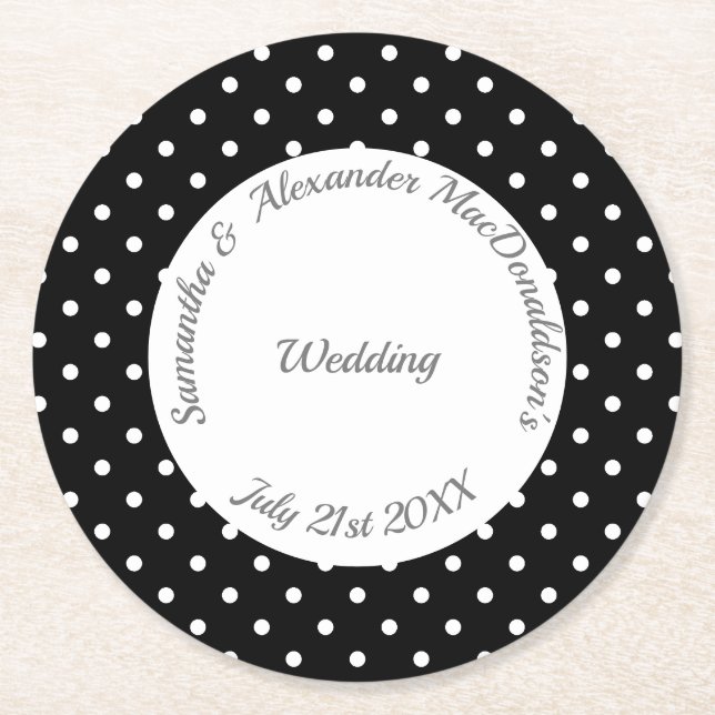 Dessous De Verre Rond Mariage de polkadot noir et blanc rétro (Devant)