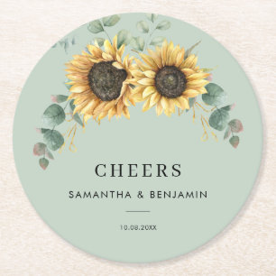 Dessous De Verre Rond Mariage de tournesol floral Eucalyptus