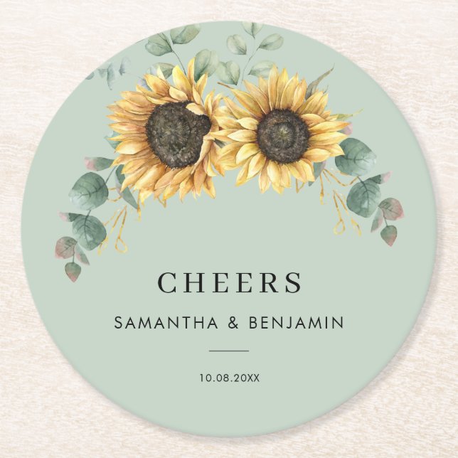Dessous De Verre Rond Mariage de tournesol floral Eucalyptus (Devant)