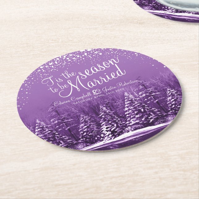 Dessous De Verre Rond Mariage d'hiver pins lac violet art (Incliné)