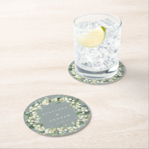 Dessous De Verre Rond Mariage d'hiver Seafoam Green Snowberry+Eucalyptus