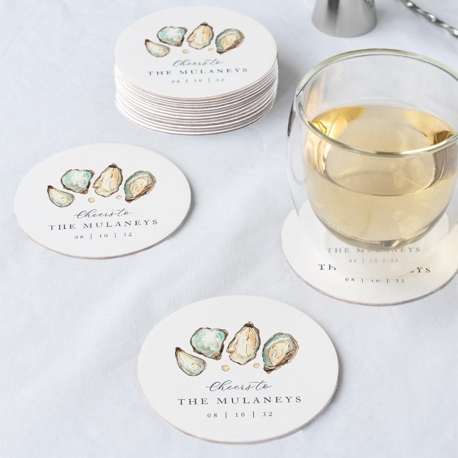 Dessous De Verre Rond Mariage d'huîtres d'aquarelle côtière (Coastal oyster wedding coasters)