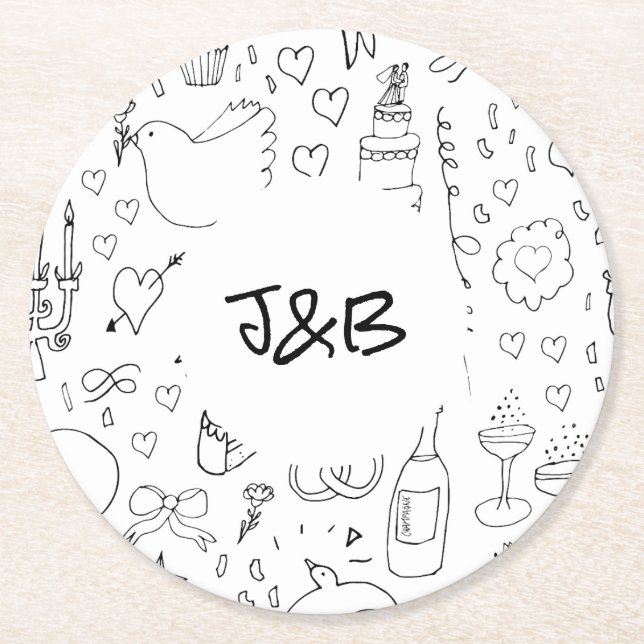 Dessous De Verre Rond Mariage d'illustrations de Doodle en noir et blanc (Devant)