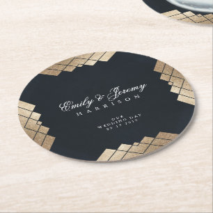 Dessous De Verre Rond Mariage d'or géométrique Dark Navy