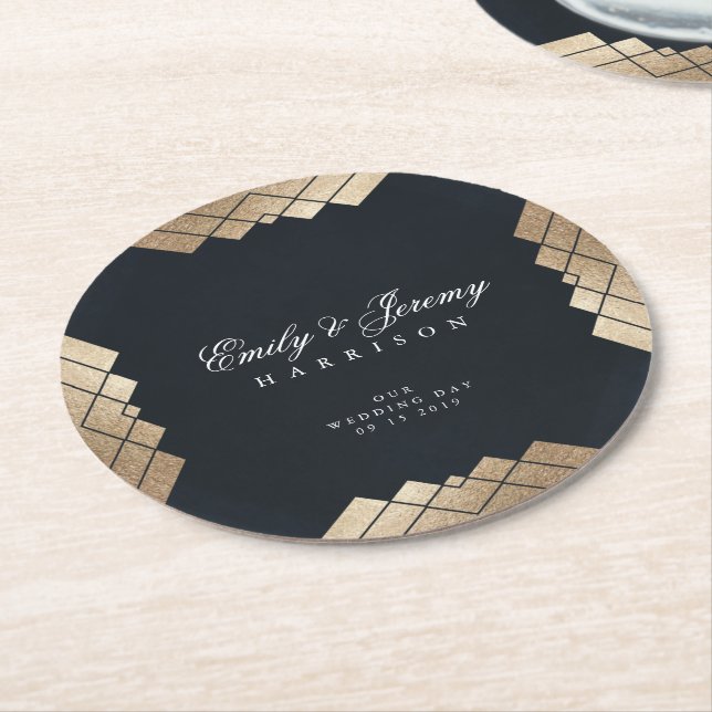 Dessous De Verre Rond Mariage d'or géométrique Dark Navy (Incliné)