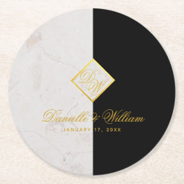 Dessous De Verre Rond Mariage élégant Marbre Noir Blanc Monogramme Or