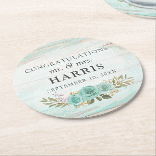 Dessous De Verre Rond Mariage Fleurs de Roses en Bois Rustique Turquoise