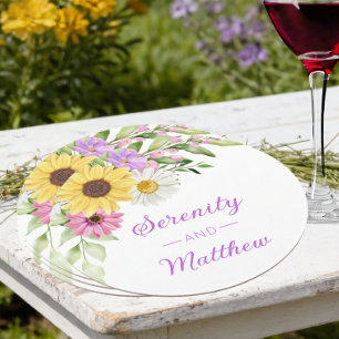 Dessous De Verre Rond Mariage floral aquarelle tournesol marguerite prin