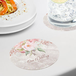Dessous De Verre Rond Mariage Floral au Marbre Rose Élégant Pivoine