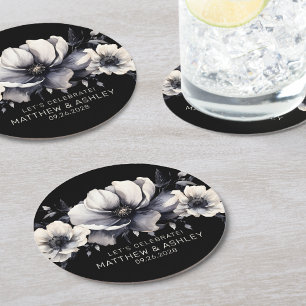 Dessous De Verre Rond Mariage floral élégant noir et blanc