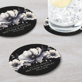 Dessous De Verre Rond Mariage floral noir blanc élégant