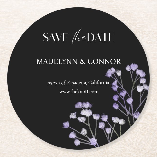 Dessous De Verre Rond Mariage floral noir et blanc Enregistrer la date (Devant)