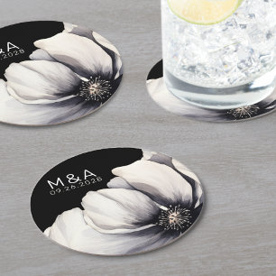 Dessous De Verre Rond Mariage Floral Noir Monogramme Moderne