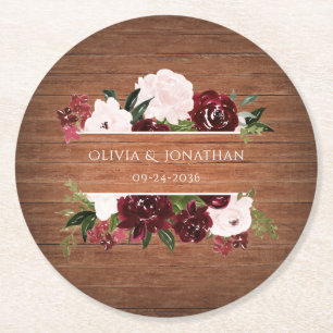Dessous De Verre Rond Mariage floral rustique de Bourgogne et de Blush