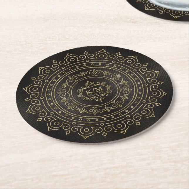 Dessous De Verre Rond Mariage Gold Filigree fin Mandala ID871 (Incliné)