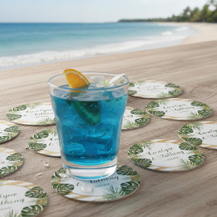 Dessous De Verre Rond Mariage Gold Foil & Green Palm Leaf Beach