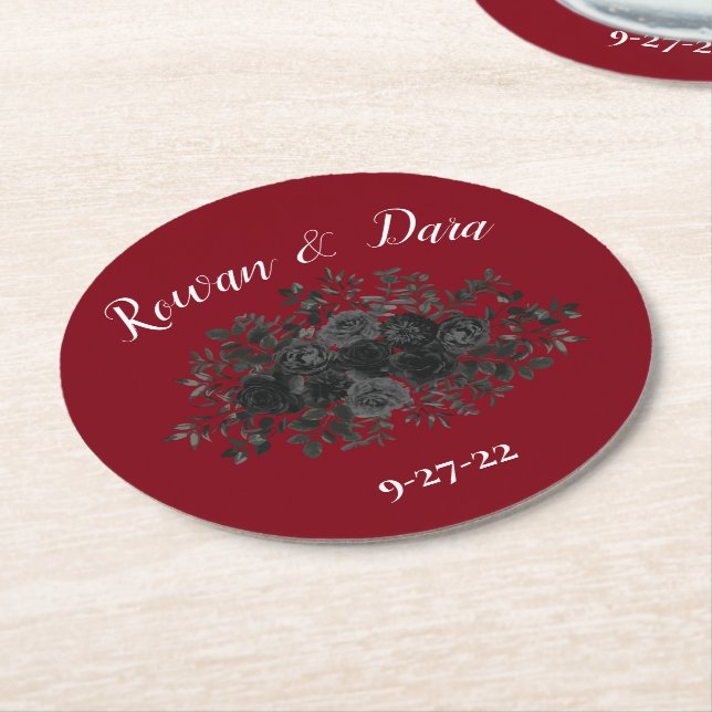 Dessous De Verre Rond Mariage gothique Rose noir rouge (Incliné)