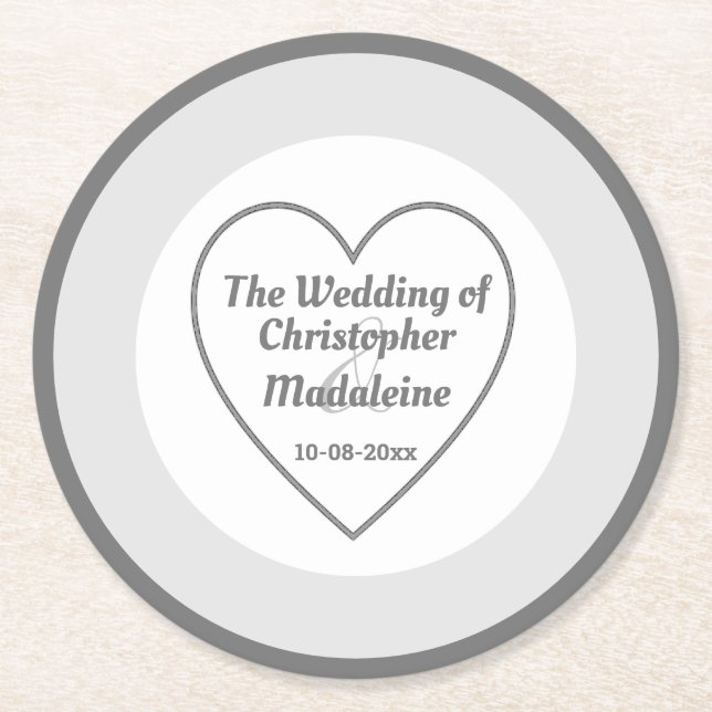 Dessous De Verre Rond Mariage gris argent simple et blanc (Devant)