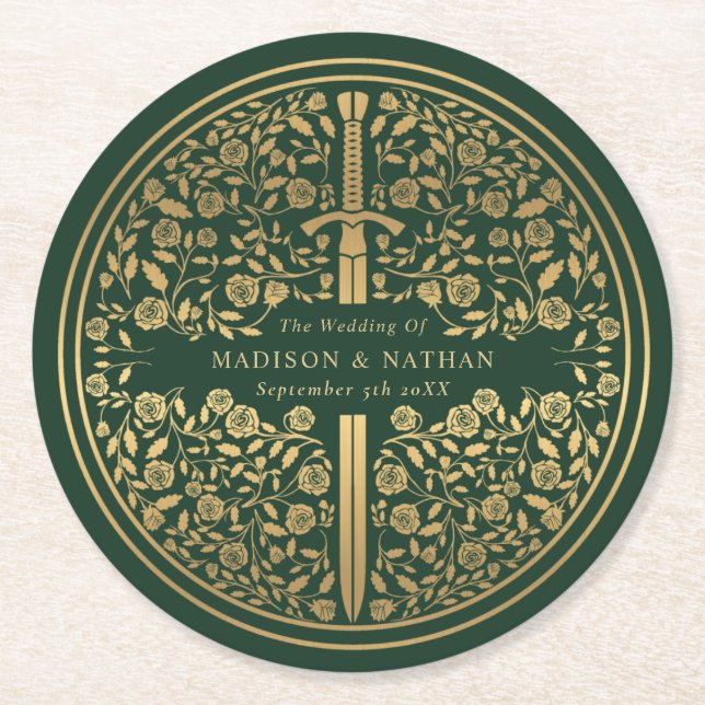 Dessous De Verre Rond Mariage médiéval royal vert (Devant)