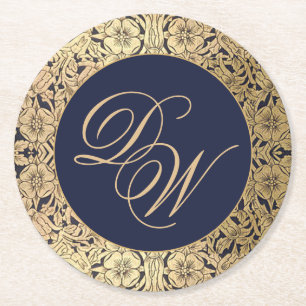 Dessous De Verre Rond Mariage Monogram Marine Blue Gold Vintage Élégant