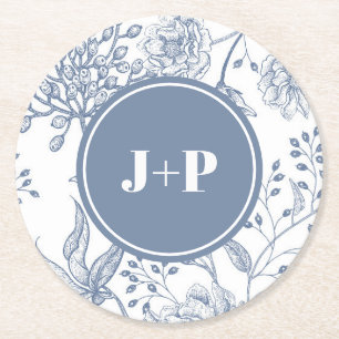 Dessous De Verre Rond Mariage Monogramme Bleu Pervenche Floral
