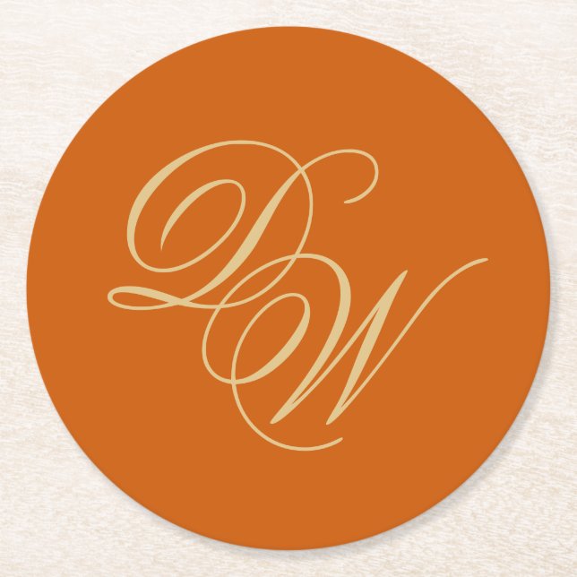 Dessous De Verre Rond Mariage Monogramme Burnt Orange 2 Initiales Script (Devant)