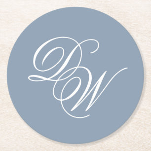 Dessous De Verre Rond Mariage Monogramme Dusty Bleu Élégant Script Simpl